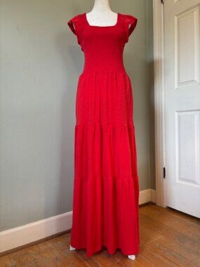 NWT Lucky Brand Red Slub Flutter Sleeve Smocked Tiered Maxi Dress Size Small